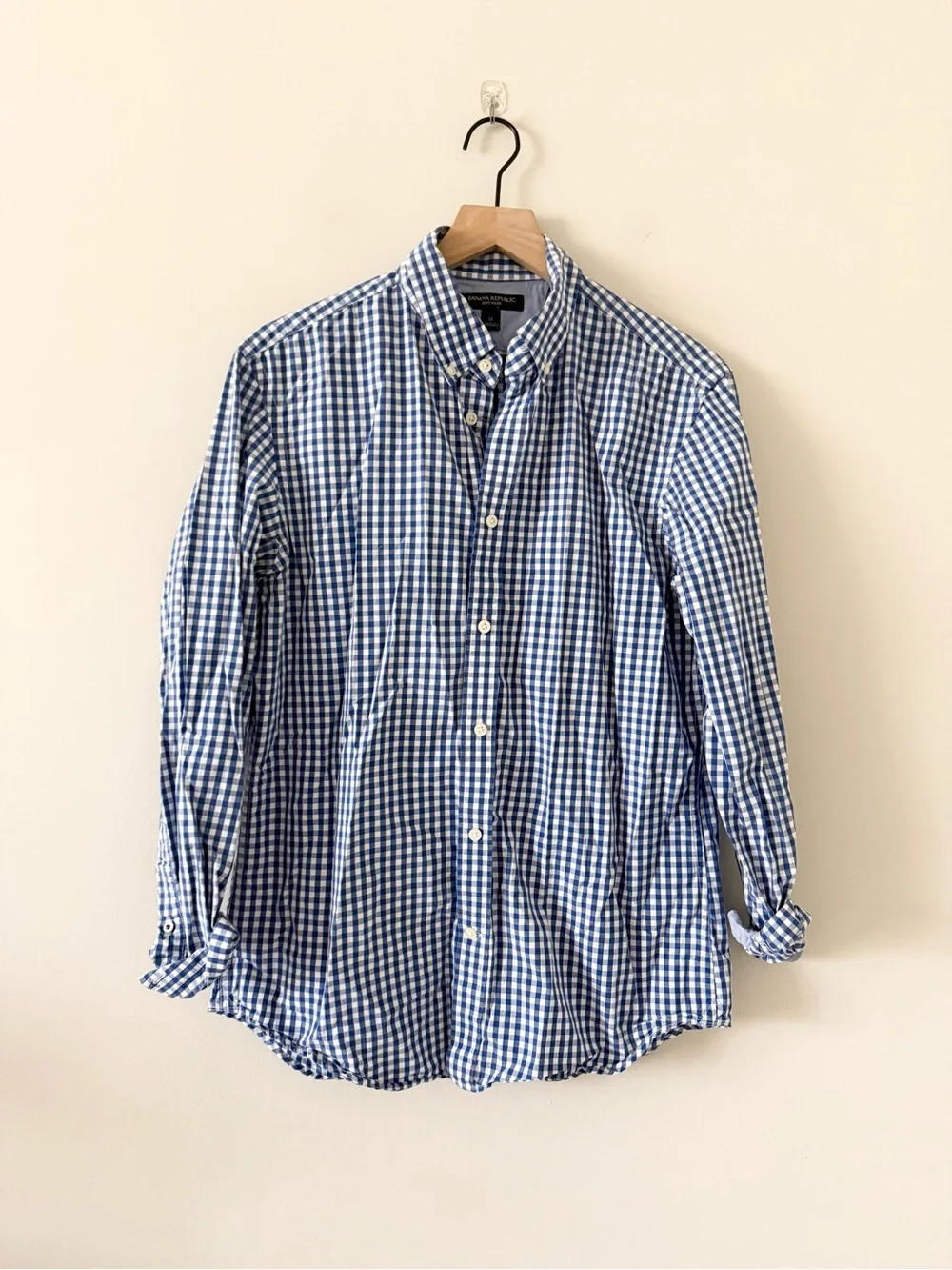 Banana Republic Soft Wash Long Sleeve Button-Down Gingham Shirt - Blue White M